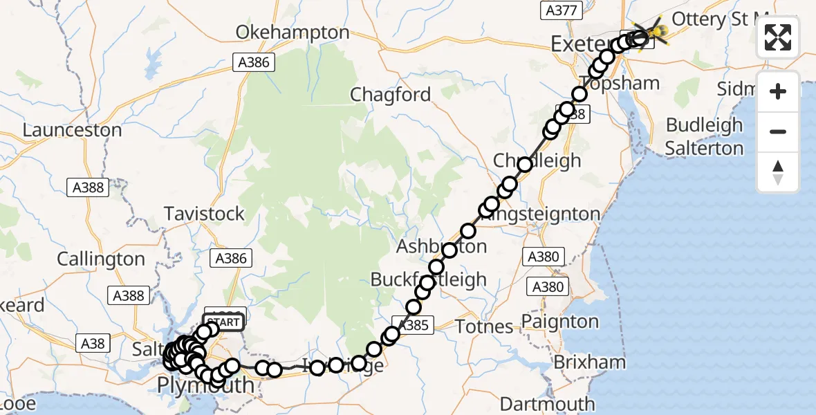 Flight route Police Helicopter Belliver - Exeter International Airport, 22 May 2026, 20:08