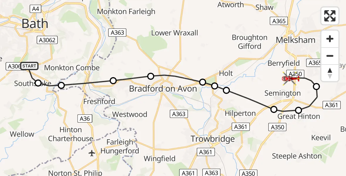 Flight route Air Ambulance Helicopter Bath - Wiltshire Air Ambulance, 22 May 2026, 20:39