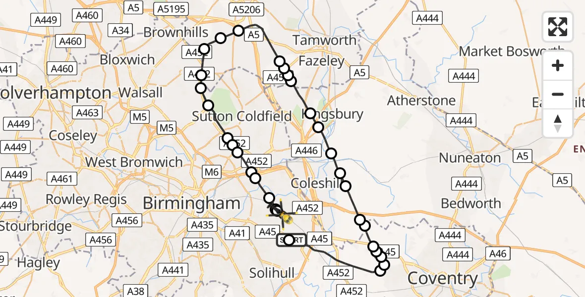 Flight route Police Helicopter Birmingham Airport - Garretts Green, 22 May 2026, 20:50