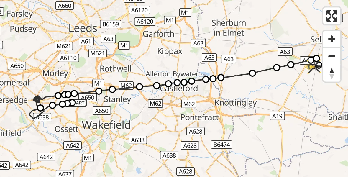 Flight route Police Helicopter East Ardsley - Burn, 22 May 2026, 21:17