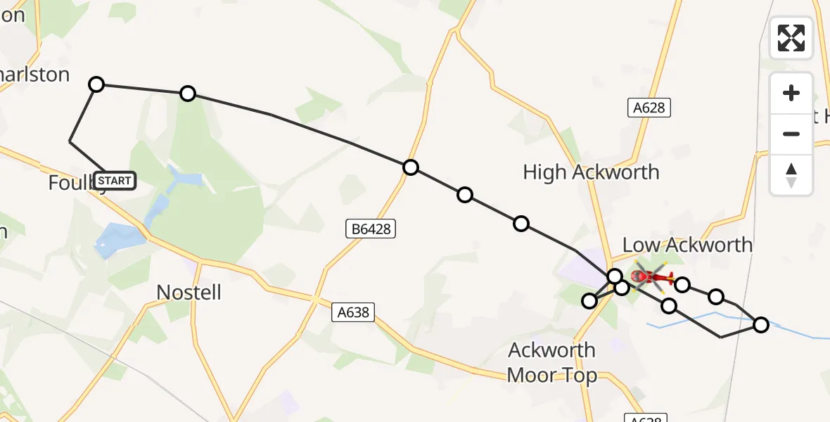 Flight route Air Ambulance Helicopter YAA Nostell Helicopter Port - Low Ackworth, 22 May 2026, 21:26