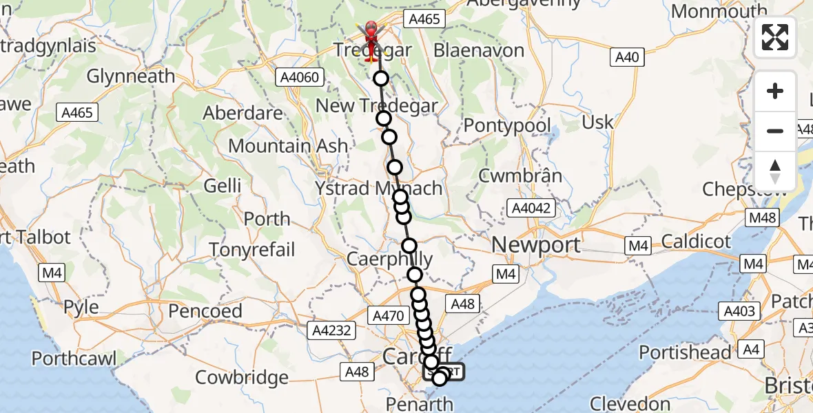Flight route Air Ambulance Helicopter Cardiff Heliport - Tredegar, 22 May 2026, 21:35