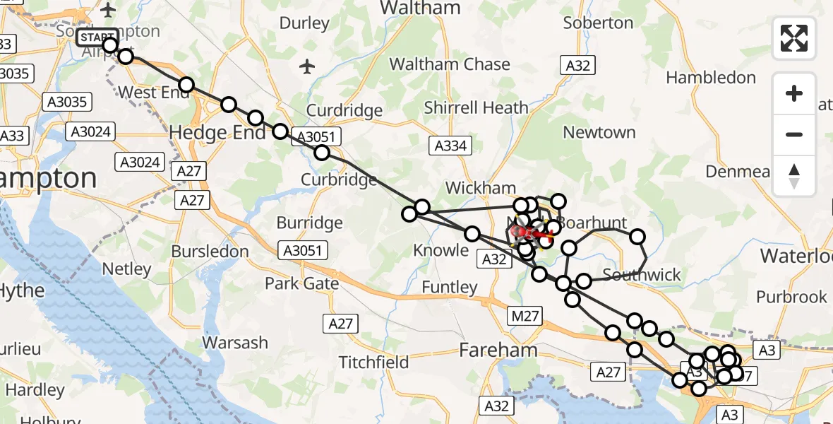 Flight route Air Ambulance Helicopter Southampton Airport - Bere Farm Airstrip, 22 May 2026, 21:44