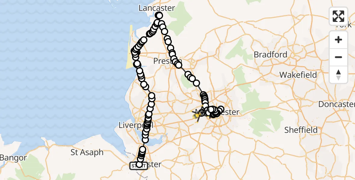 Flight route Police Helicopter Hawarden Airport - Manchester Barton Aerodrome, 22 May 2026, 21:45