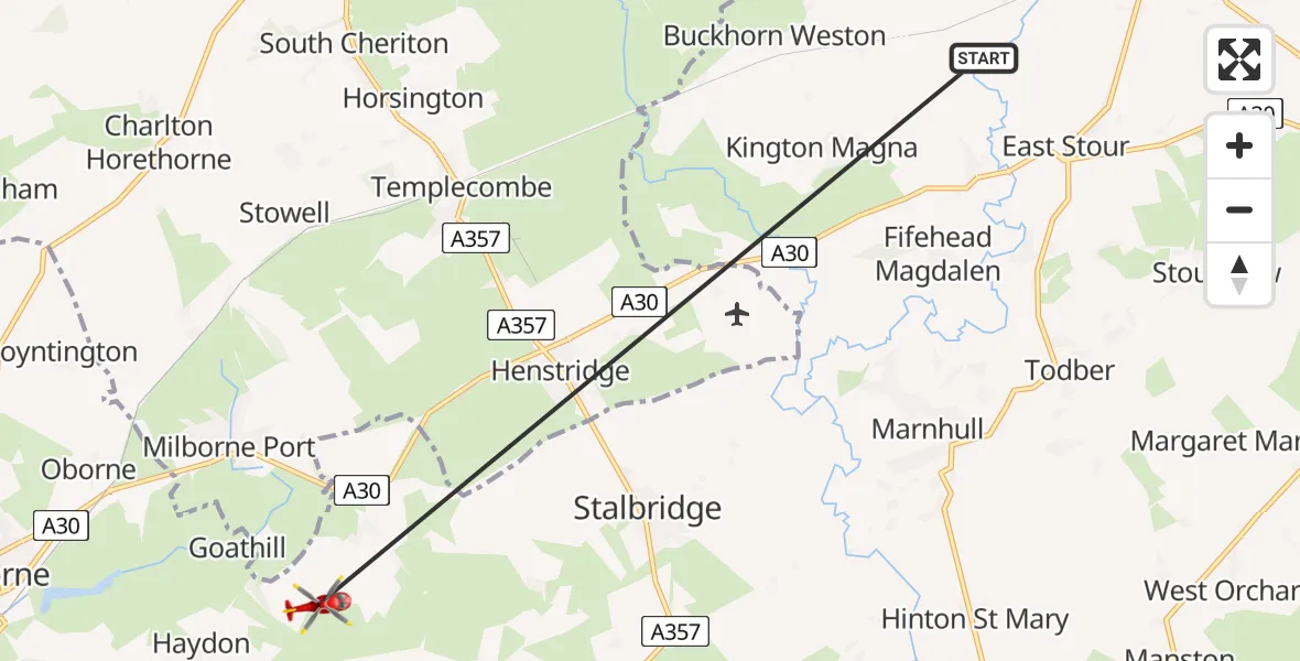 Flight route Air Ambulance Helicopter Gillingham - Stourton Caundle, 22 May 2026, 21:48