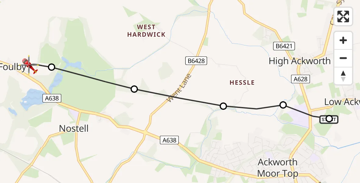 Flight route Air Ambulance Helicopter Low Ackworth - YAA Nostell Helicopter Port, 22 May 2026, 21:55