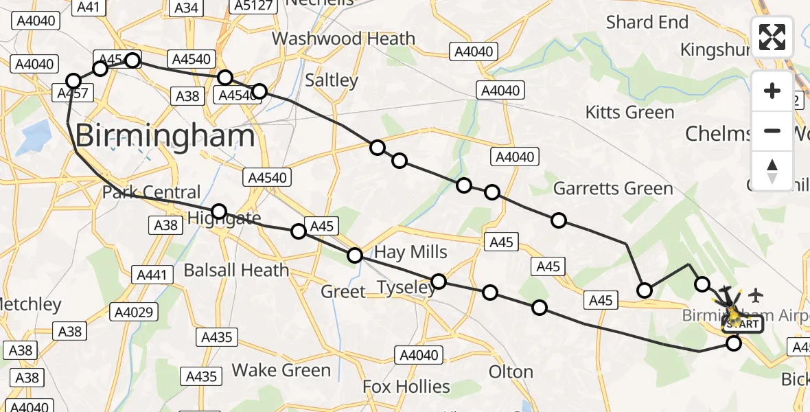 Flight route Police Helicopter Birmingham Airport - Birmingham Airport, 22 May 2026, 22:01