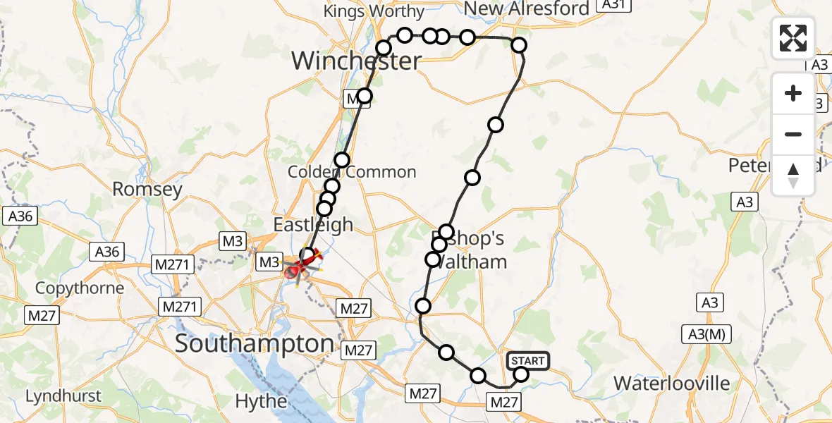 Flight route Air Ambulance Helicopter Wickham - Southampton Airport, 22 May 2026, 22:06