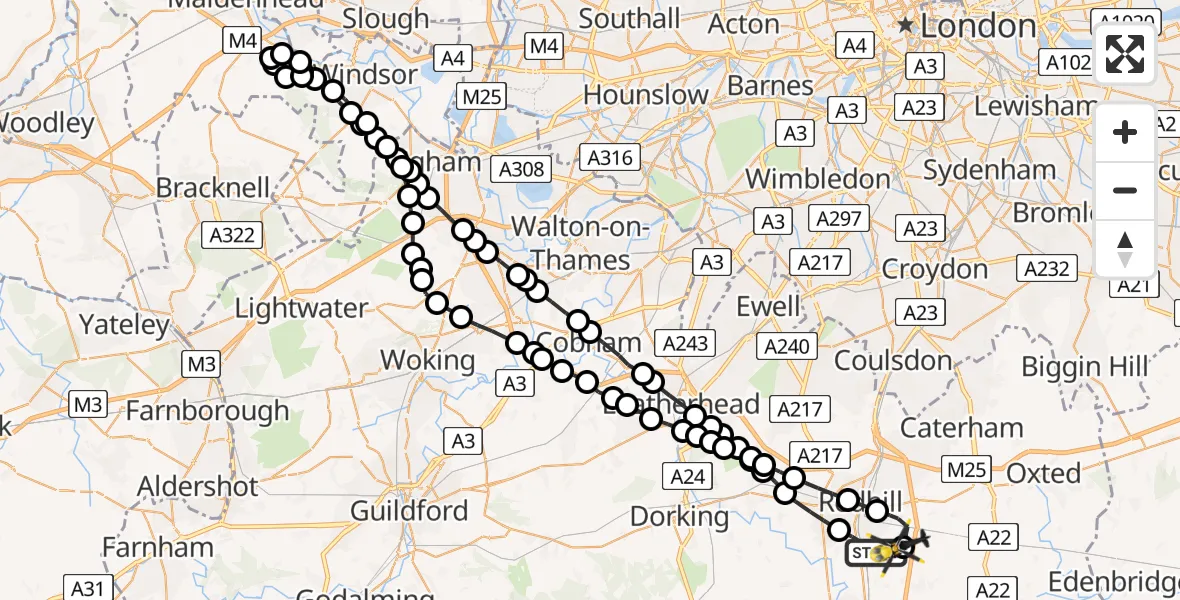 Flight route Police Helicopter Salfords - Tandridge, 22 May 2026, 22:20