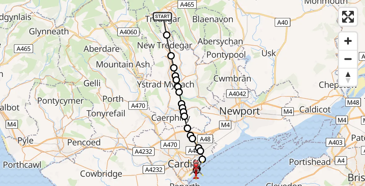 Flight route Air Ambulance Helicopter Tredegar - Cardiff Heliport, 22 May 2026, 22:20