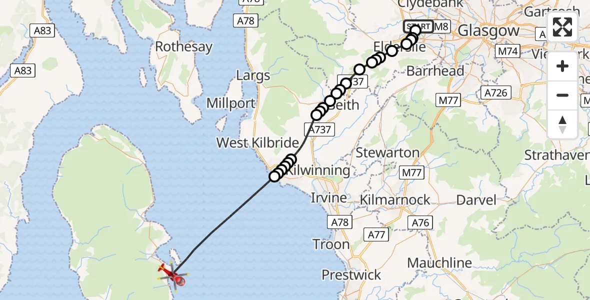 Flight route Air Ambulance Helicopter Glasgow Airport - Inner Seas, 22 May 2026, 22:40