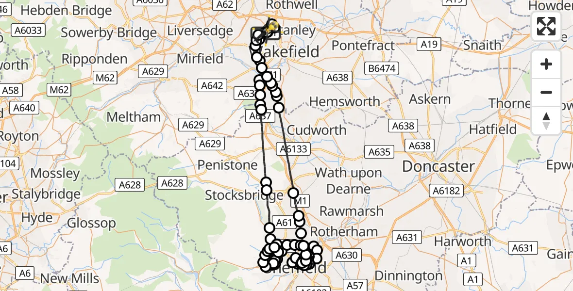 Flight route Police Helicopter East Ardsley - Brandy Carr, 22 May 2026, 22:59