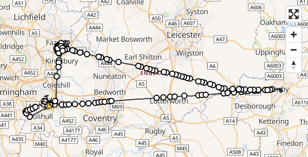 Flight route Police Helicopter Birmingham Airport - Birmingham Airport, 22 May 2026, 23:30