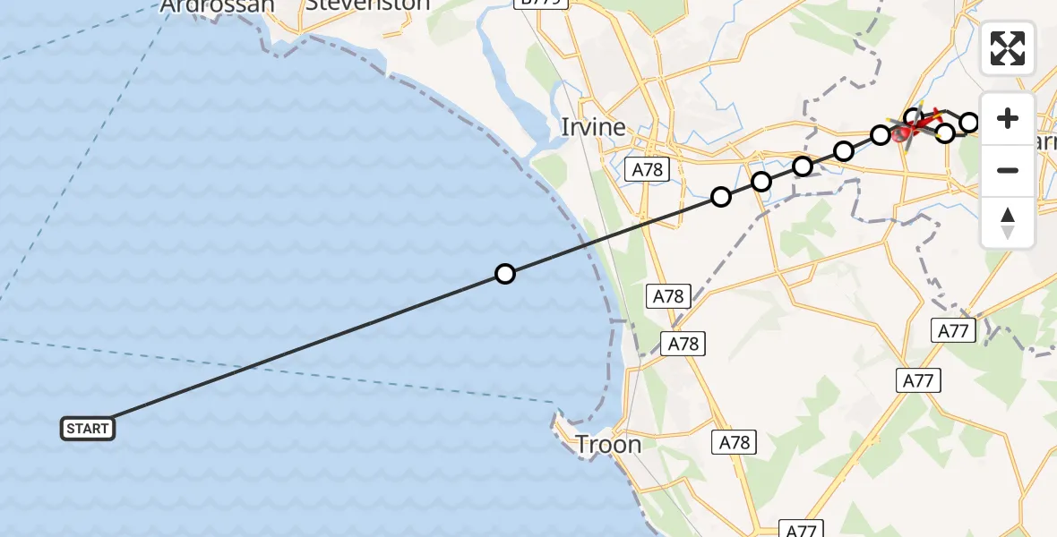 Flight route Air Ambulance Helicopter Inner Seas - Crosshouse University Hospital, 22 May 2026, 23:54