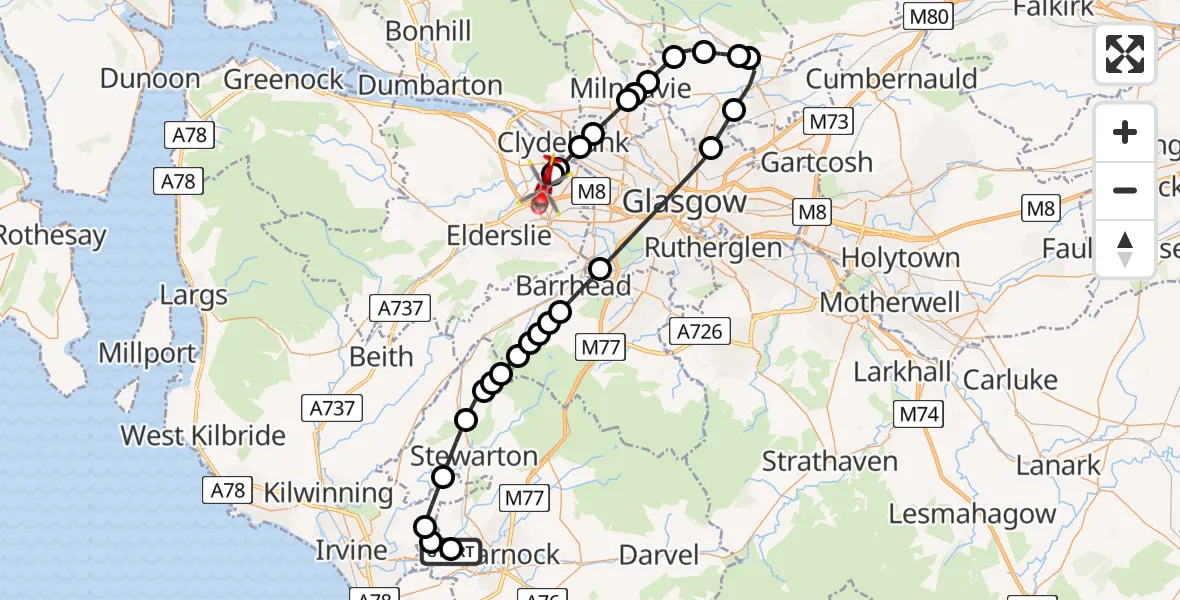 Flight route Air Ambulance Helicopter Crosshouse University Hospital - Glasgow Airport, 23 May 2026, 00:30