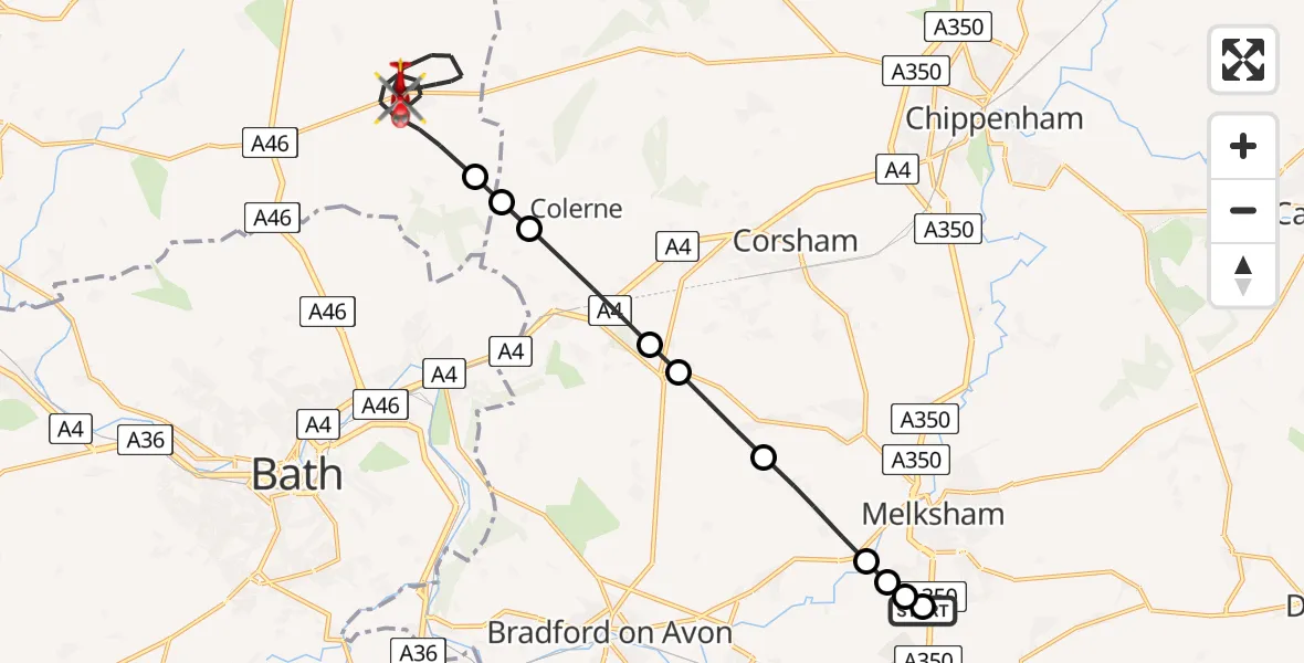 Flight route Air Ambulance Helicopter Wiltshire Air Ambulance - Marshfield, 23 May 2026, 00:31