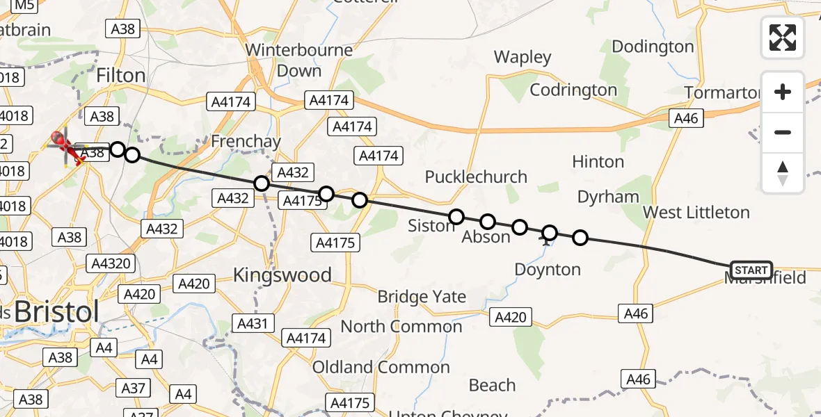 Flight route Air Ambulance Helicopter Marshfield - Bristol, 23 May 2026, 01:18