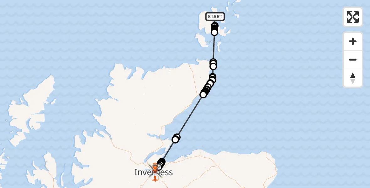 Flight route Coastguard Helicopter North Atlantic Ocean - Inverness, 23 May 2026, 01:29