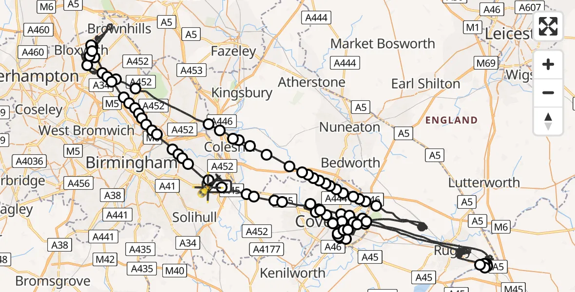 Flight route Police Helicopter Birmingham Airport - Birmingham Airport, 23 May 2026, 02:19