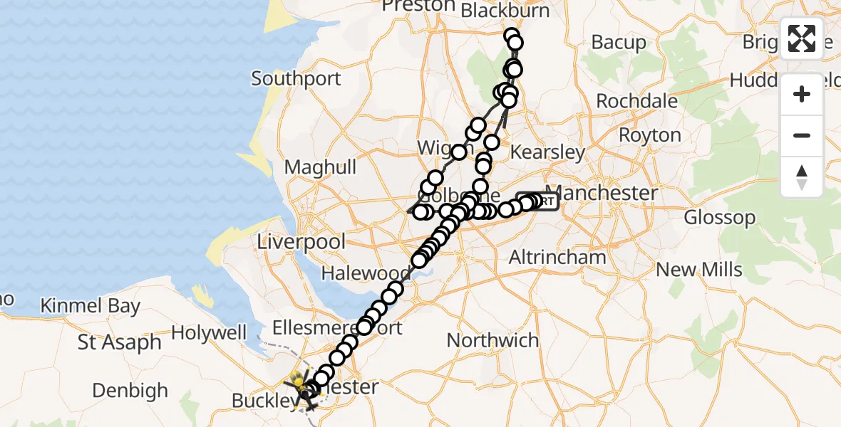 Flight route Police Helicopter Irlam - Sandycroft, 23 May 2026, 02:20