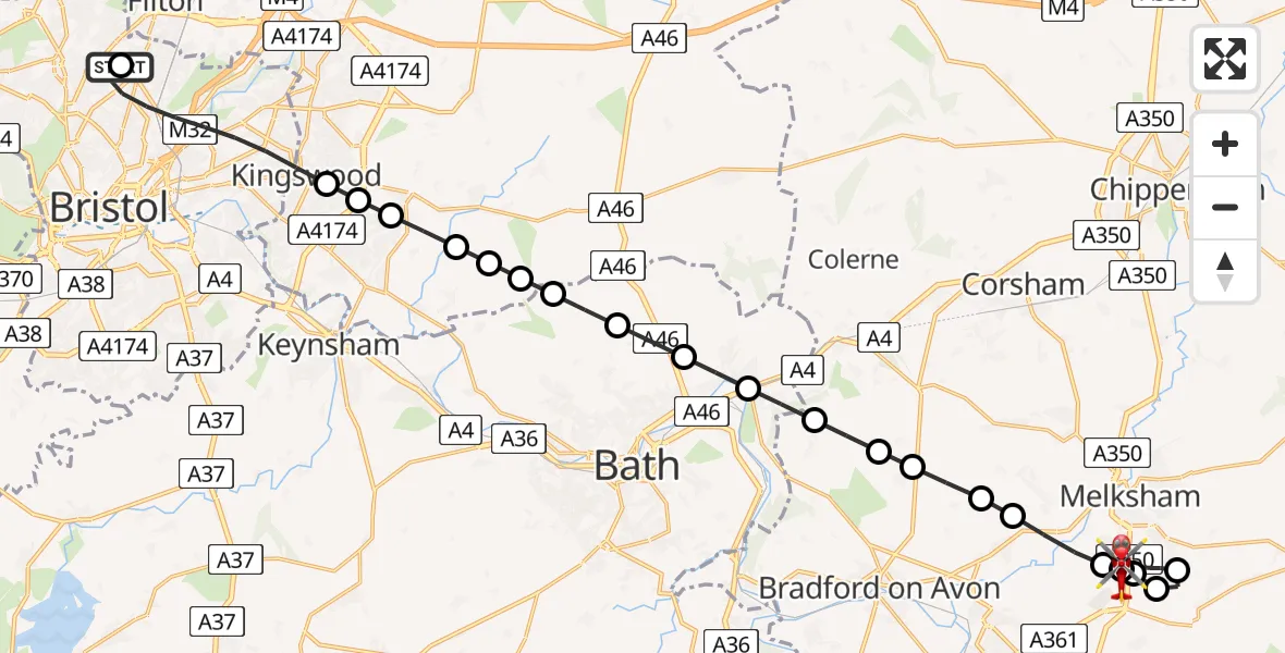 Flight route Air Ambulance Helicopter Southmead Hospital - Wiltshire Air Ambulance, 23 May 2026, 02:30