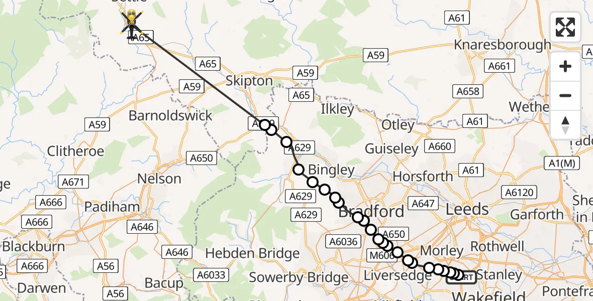 Flight route Police Helicopter East Ardsley - Settle, 23 May 2026, 03:50