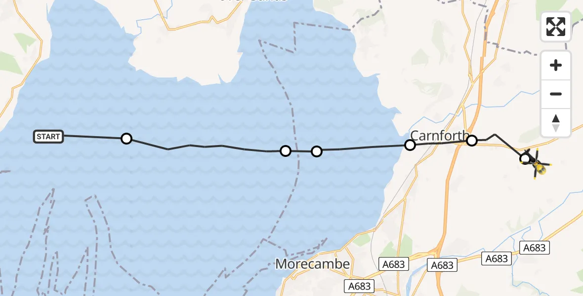 Flight route Police Helicopter Aldingham - Lancaster, 23 May 2026, 04:41