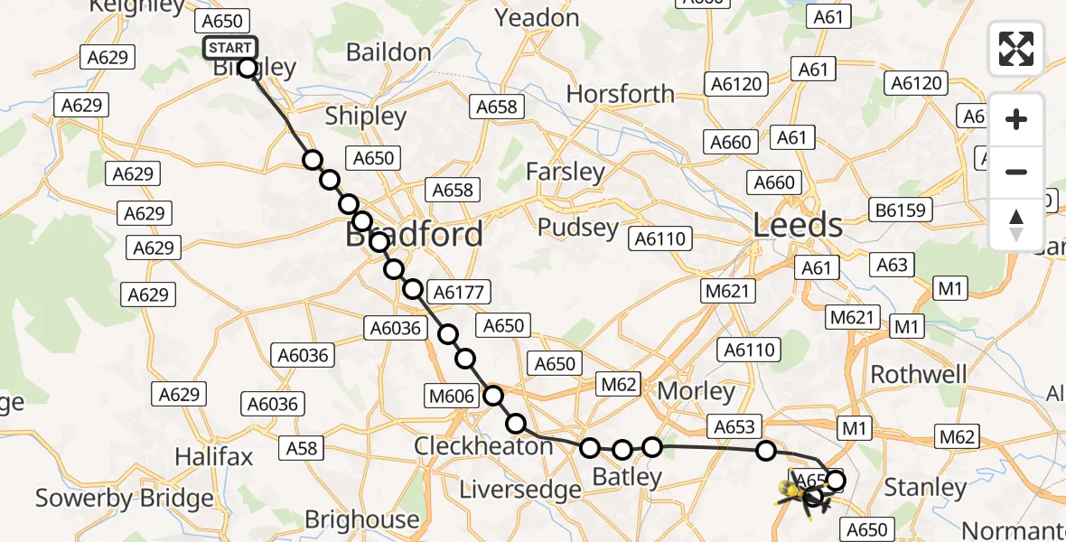Flight route Police Helicopter Bingley - East Ardsley, 23 May 2026, 05:03