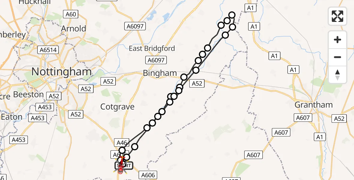 Flight route Air Ambulance Helicopter Nottingham Heliport - Nottingham Heliport, 23 May 2026, 06:13