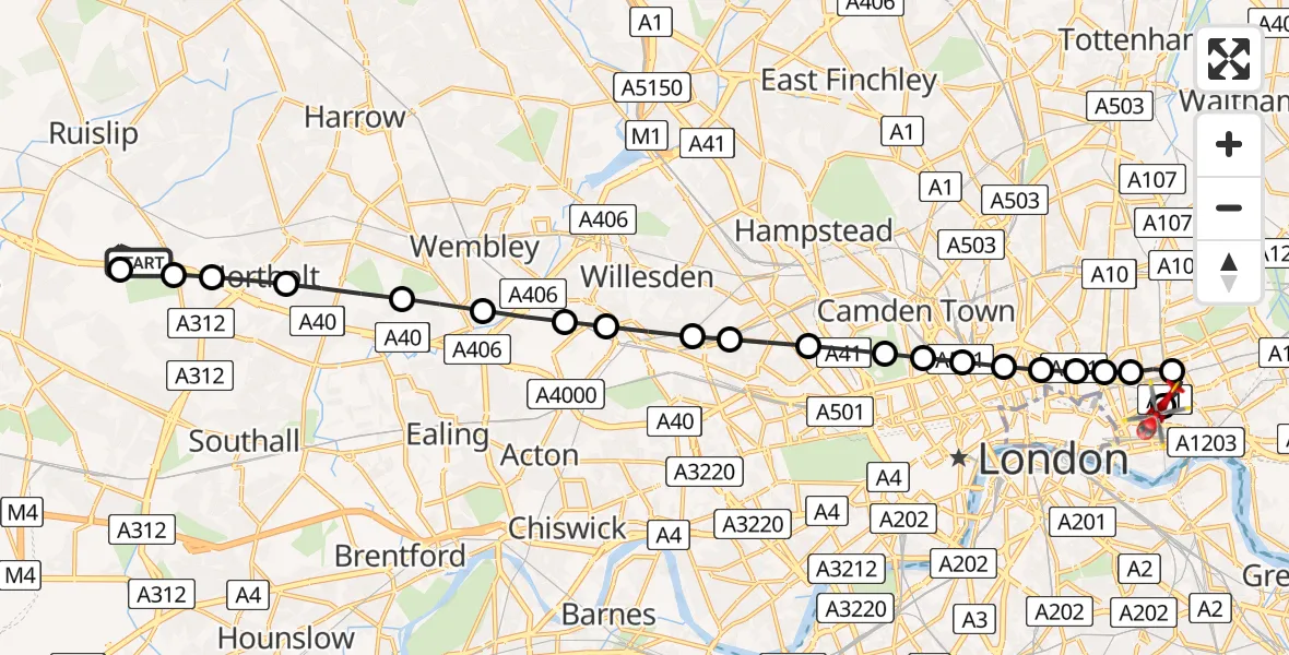 Flight route Air Ambulance Helicopter RAF Northolt - Royal London Hospital, 23 May 2026, 07:23