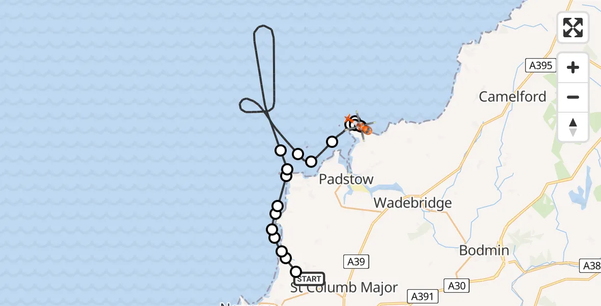 Flight route Coastguard Helicopter Cornwall Airport Newquay - St. Minver Highlands, 23 May 2026, 08:19