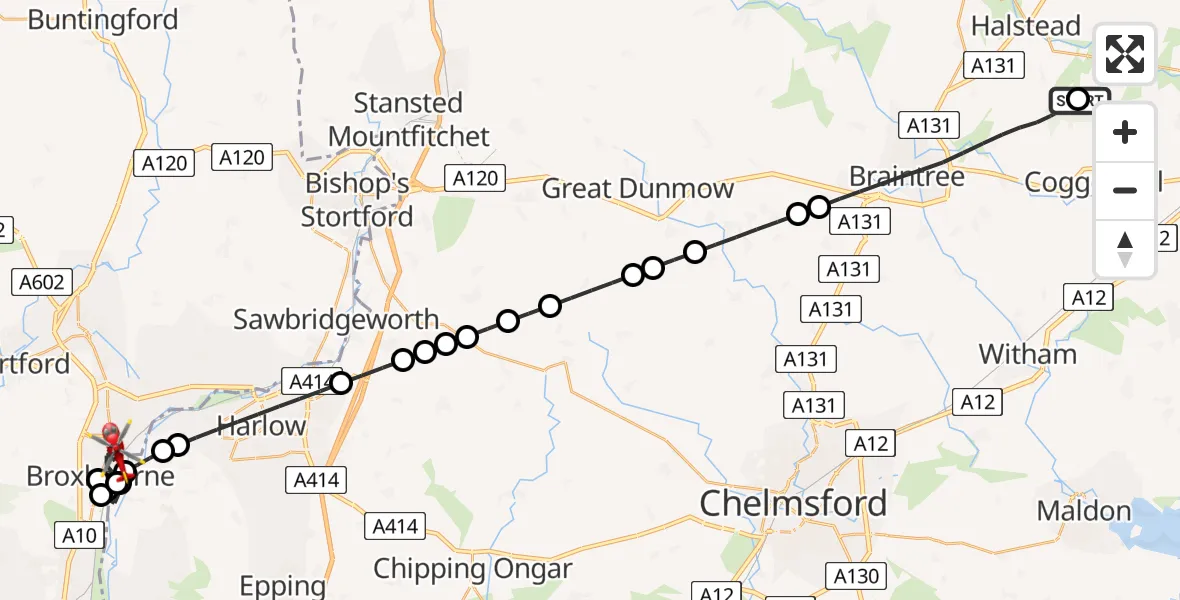 Flight route Air Ambulance Helicopter Earls Colne Airfield - Hoddesdon, 23 May 2026, 08:30