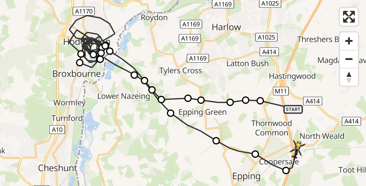 Flight route Police Helicopter North Weald Bassett - Coopersale, 23 May 2026, 08:40