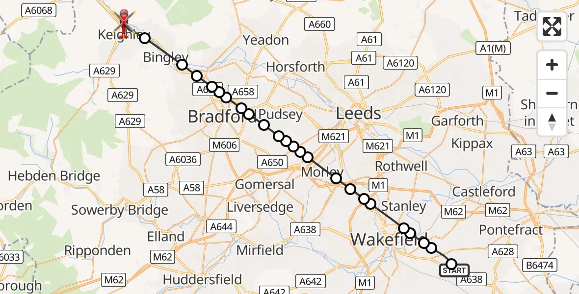 Flight route Air Ambulance Helicopter YAA Nostell Helicopter Port - Keighley, 23 May 2026, 09:05