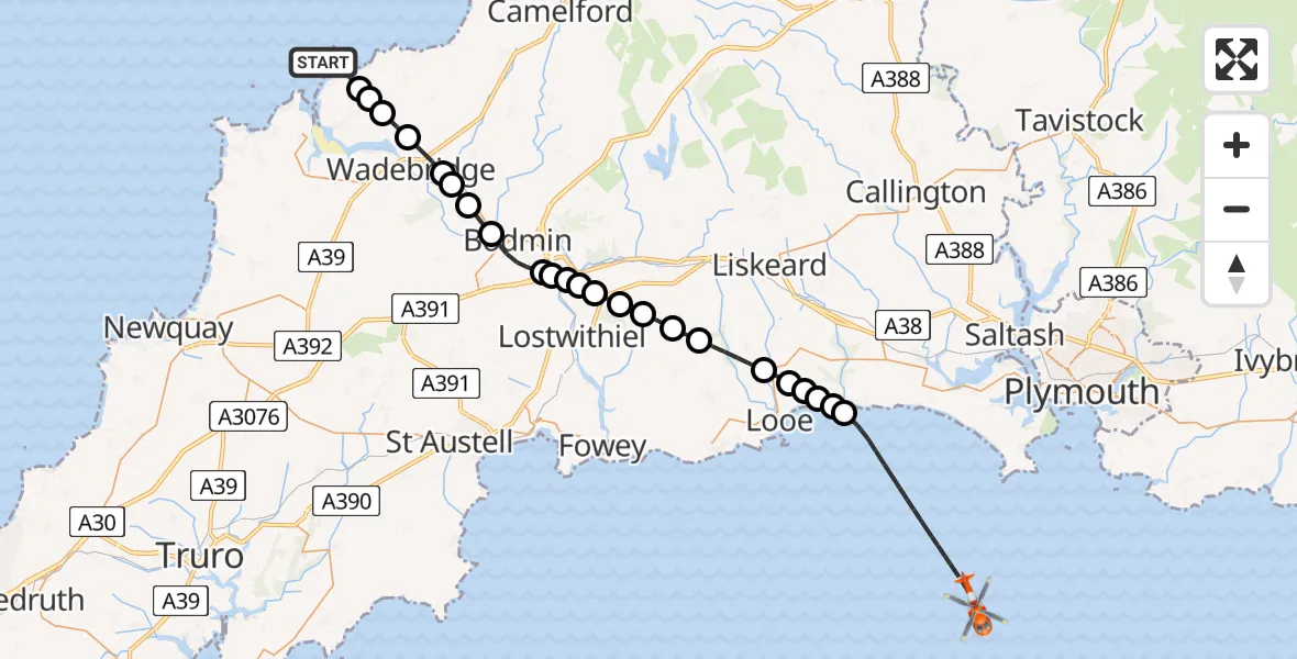 Flight route Coastguard Helicopter New Polzeath - English Channel, 23 May 2026, 09:06