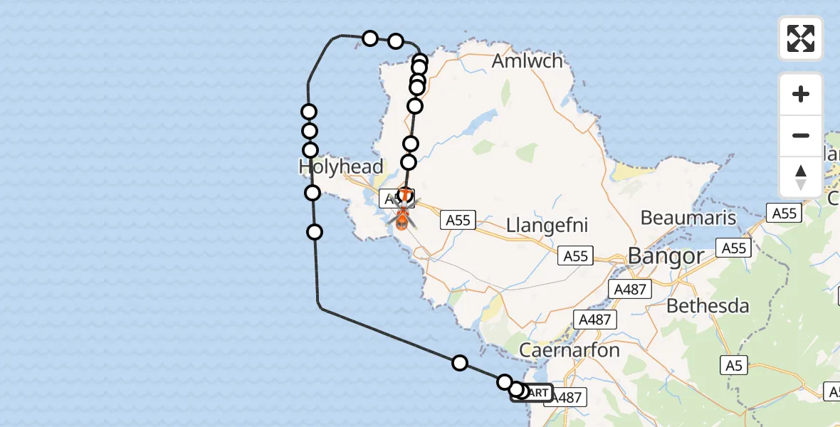 Flight route Coastguard Helicopter Caernarfon Airport - Caergeiliog, 23 May 2026, 09:15