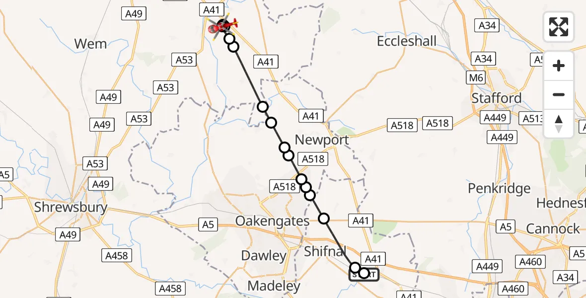 Flight route Air Ambulance Helicopter RAF Cosford - Stoke Heath, 23 May 2026, 09:19