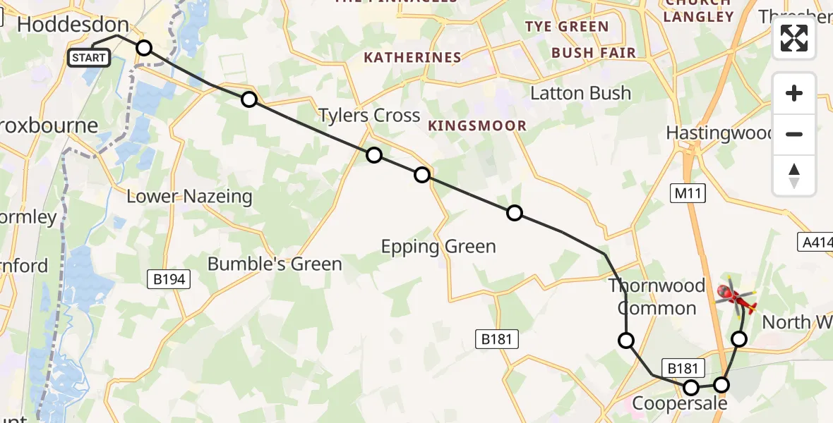 Flight route Air Ambulance Helicopter Hoddesdon - North Weald Airfield, 23 May 2026, 09:20