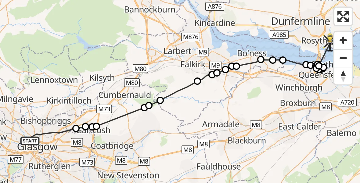 Flight route Police Helicopter Glasgow - Dalgety Bay, 23 May 2026, 09:22