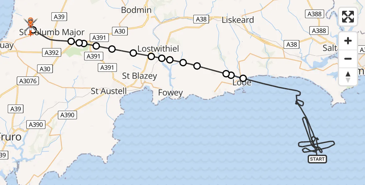 Flight route Coastguard Helicopter English Channel - Cornwall Airport Newquay, 23 May 2026, 09:24