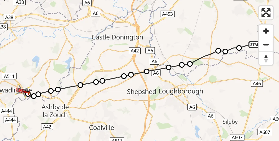 Flight route Air Ambulance Helicopter Willoughby on the Wolds - Swadlincote, 23 May 2026, 09:34