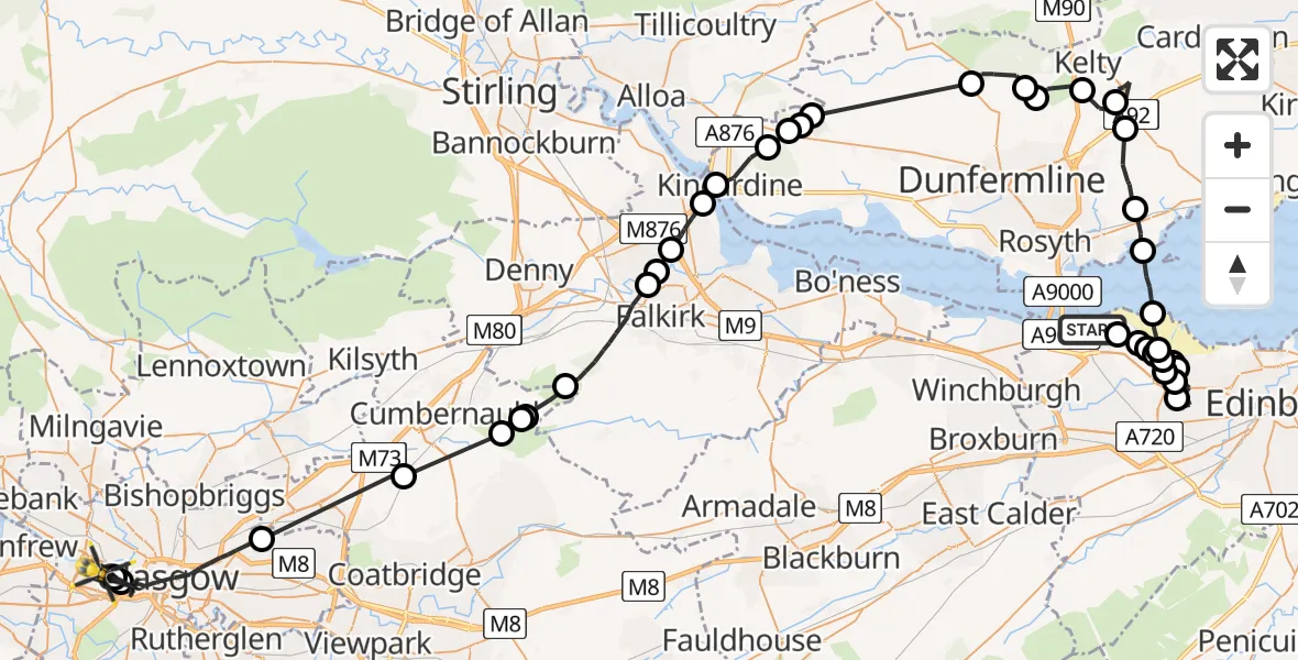 Flight route Police Helicopter Dalmeny - Glasgow, 23 May 2026, 09:43