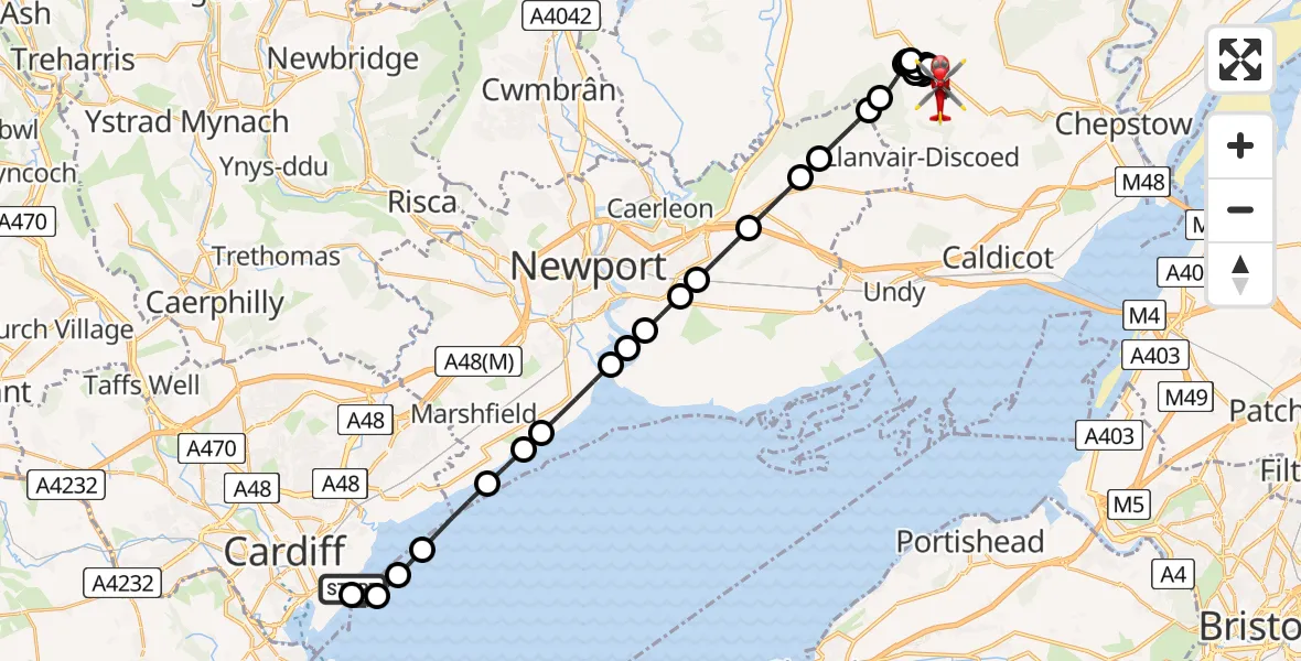 Flight route Air Ambulance Helicopter Cardiff Heliport - Shirenewton, 23 May 2026, 10:02