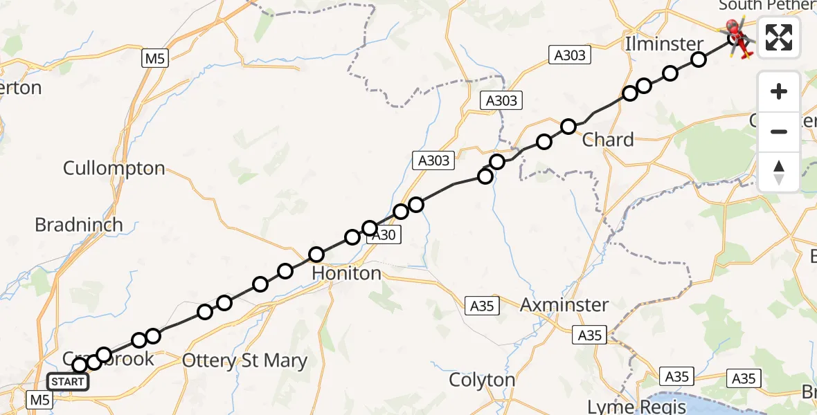 Flight route Air Ambulance Helicopter Clyst Honiton - Seavington St Mary, 23 May 2026, 10:08