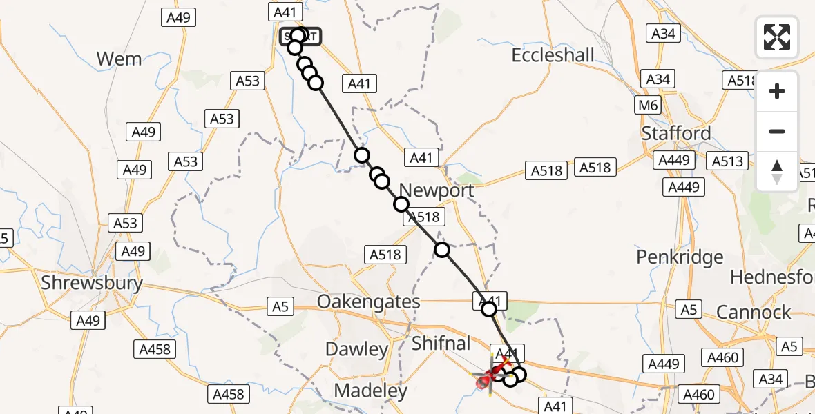 Flight route Air Ambulance Helicopter Tern Hill Airfield - Tong, 23 May 2026, 10:16