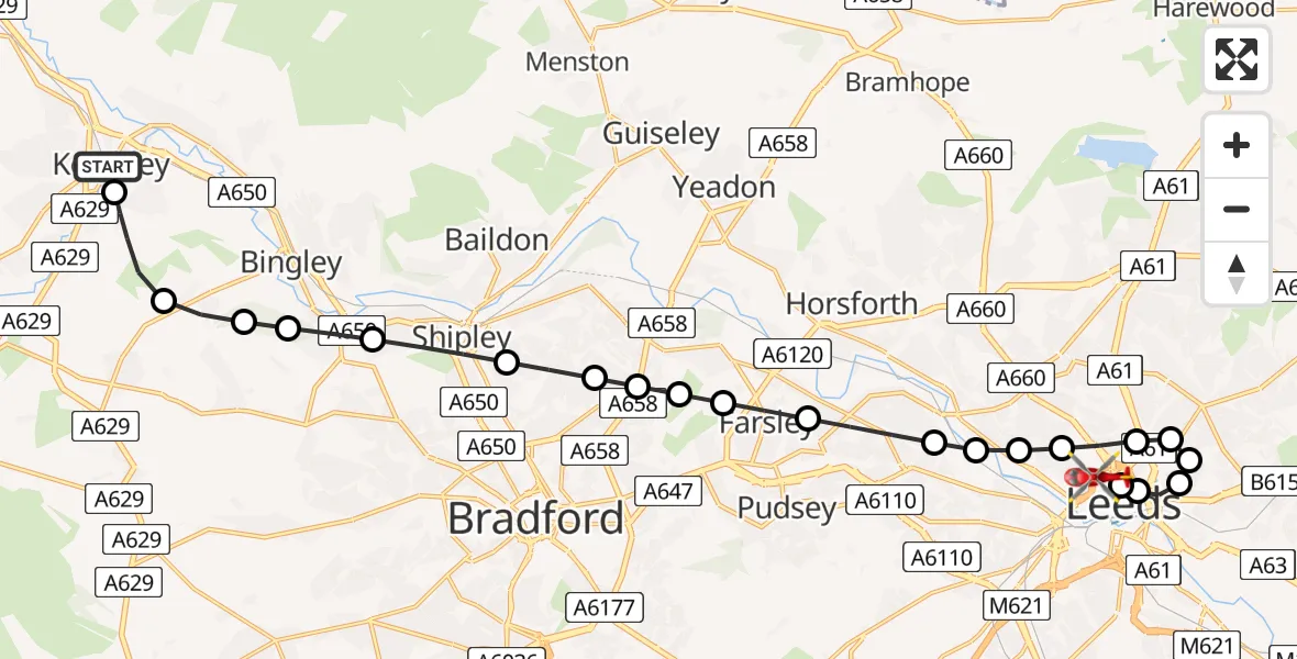 Flight route Air Ambulance Helicopter Keighley - Woodhouse, 23 May 2026, 10:16