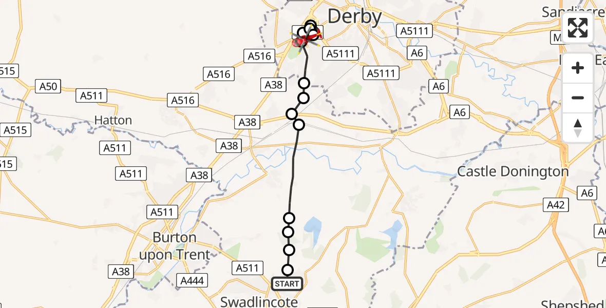 Flight route Air Ambulance Helicopter Swadlincote - Royal Derby Trauma Unit, 23 May 2026, 10:26