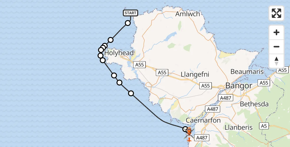 Flight route Coastguard Helicopter  - Caernarfon Airport, 23 May 2026, 10:28