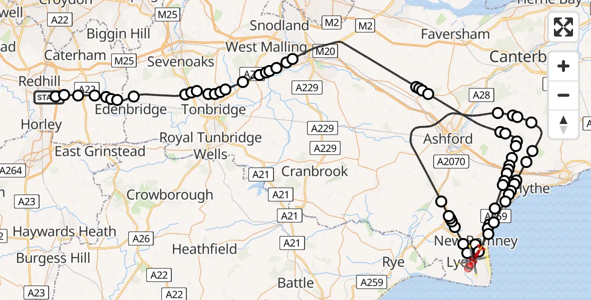 Flight route Air Ambulance Helicopter Redhill Aerodrome - Lydd London Ashford Airport, 23 May 2026, 10:28