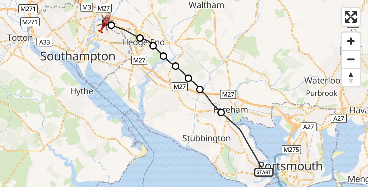 Flight route Air Ambulance Helicopter Gosport - Townhill Park, 23 May 2026, 10:36